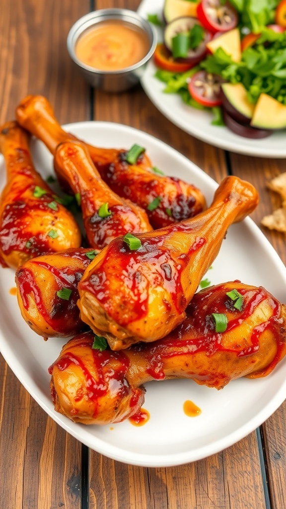 Spicy baked chicken drumsticks on a plate, garnished with herbs, served with dipping sauce and salad.